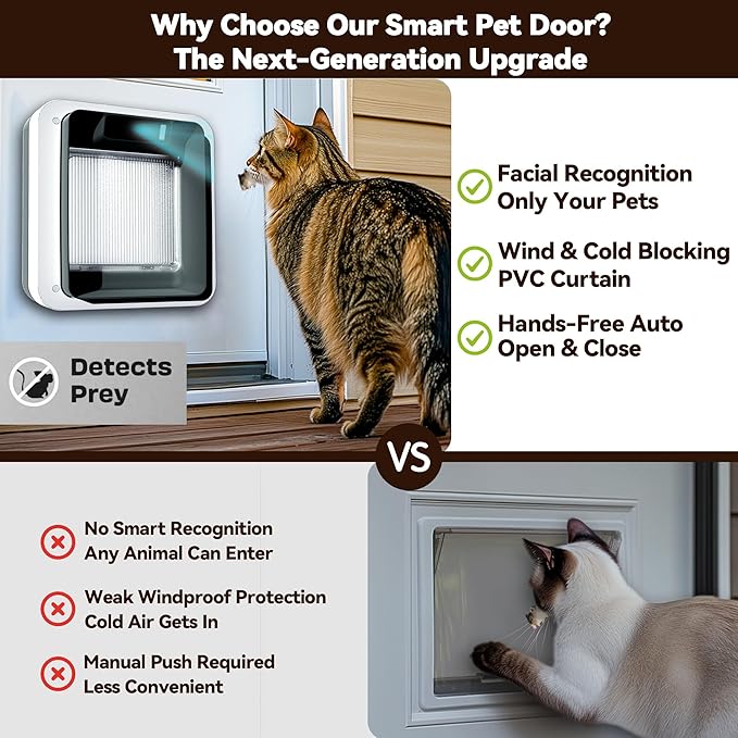 Smart Cat Door with Face Recognition – No Collar Needed, Keyless Entry for Cats（Outer Size 11.4"x10.4"）, App-Controlled Cat Door, Dual Power: Rechargeable Battery or Plug-in