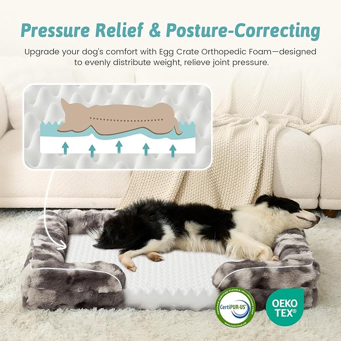 Orthopedic Dog Bed for Large Medium Size Dog, Soft and Warm Faux Fur Sofa for Pet Up to 75 lbs, Foam Bolster Anti-Slip Couch with Washable Removable Cover, L 36x27x6.5 inch, Tie Dye Grey