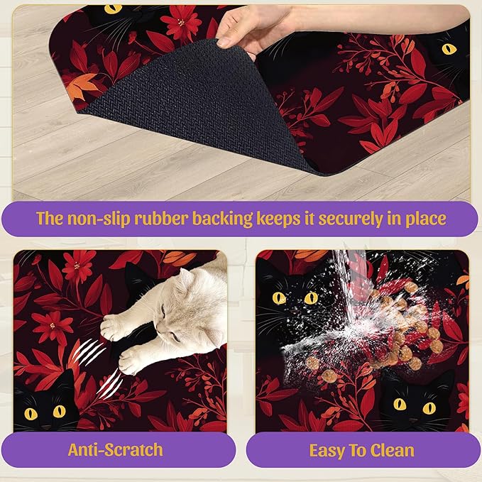 Black Cat Forest Pet Feeding Mat, Fast-Dry Absorbent Dog and Cat Bowl Mat, Waterproof Non-Slip Base for Messy Eaters, Indoor Pet Accessories – 12x20 Inch