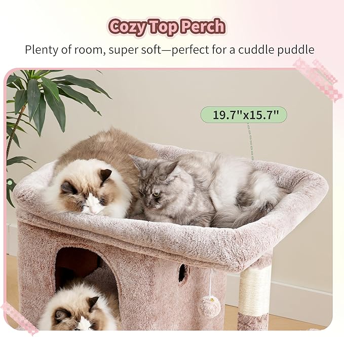 Heybly Cat Tree, 25.6-inch Cat Tower with Spacious Top Perch for Large Cats, Stair-Style Cat House Furniture with Dual-Layer Condos, Sisal Scratching Posts, Cozy Basket & Pompom, Muchroom HCT204SMU