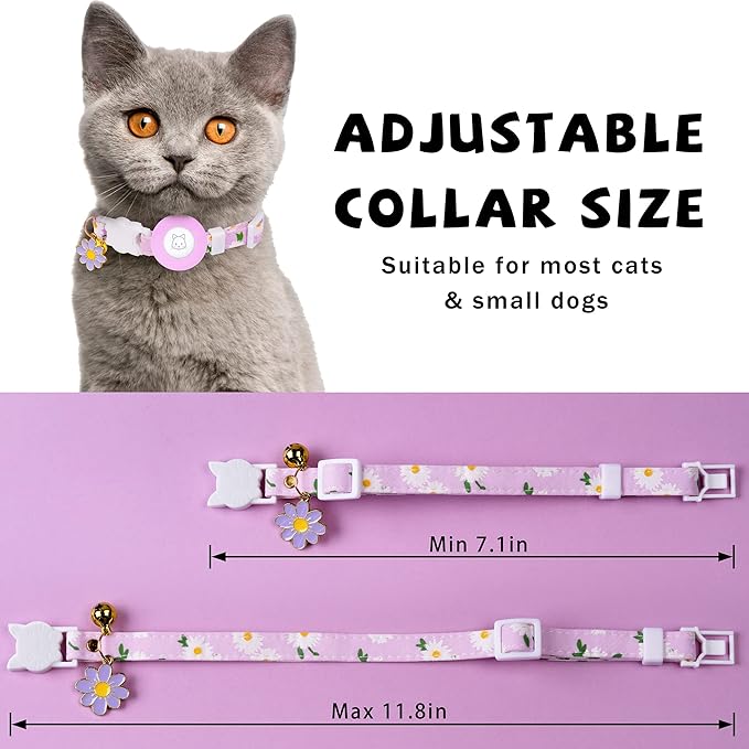 Airtag Cat Collar, JXFUKAL Kitten Collar Breakaway with Silicone Airtag Holder, Bells & Flower Charm for Girl Cats Boy Cats Small Dogs(Purple)