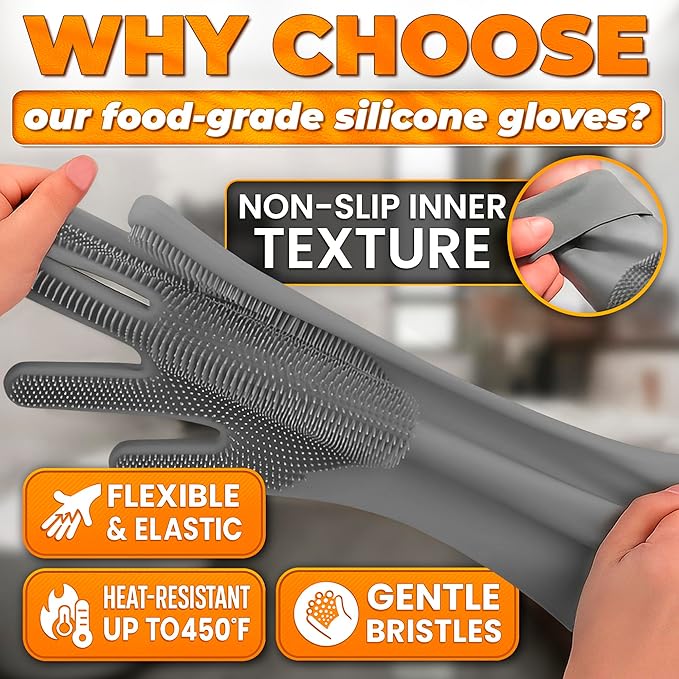 ALPENKOK Silicone Dish Gloves with Scrubbers – Thick Tear-Resistant Dishwashing Gloves – Long-Lasting | Household Use