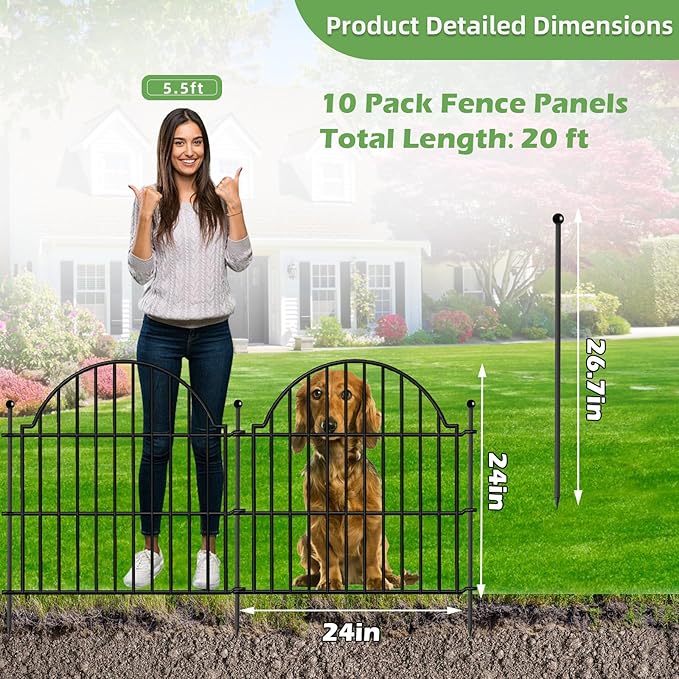 10 Panels No Dig Decorative Outdoor Garden Fence, 24in (H) x20ft (L) Animal Barrier Fencing for Dog, Arched Flower Bed Edging, Rustproof Metal Wire Panel Border with Temporary Ground Stakes