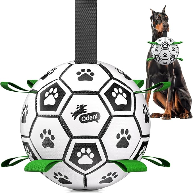 QDAN 10 Inch Gaint Dog Soccer Ball with Straps, Durable Big Dogs Balls, Outdoor Large Dog Toys, Herding Balls for Dogs, FloatingToy, Birthday Gifts (10 Inch)