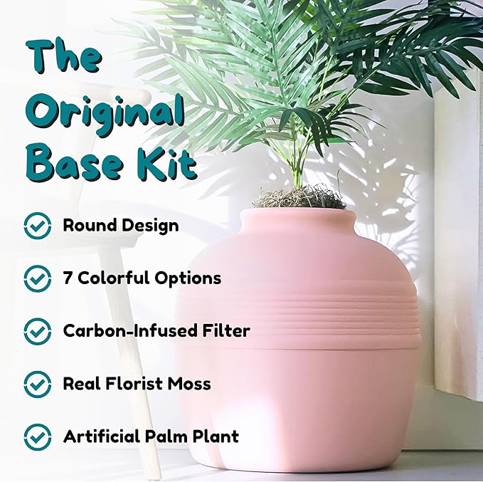 Good Pet Stuff Hidden Litter Box Planter, Decorative Cat Litter Enclosure with Carbon Filter, Artificial Plant, Easy Clean, Indoor Design, Original Round Style, Base Kit, Pink Coral