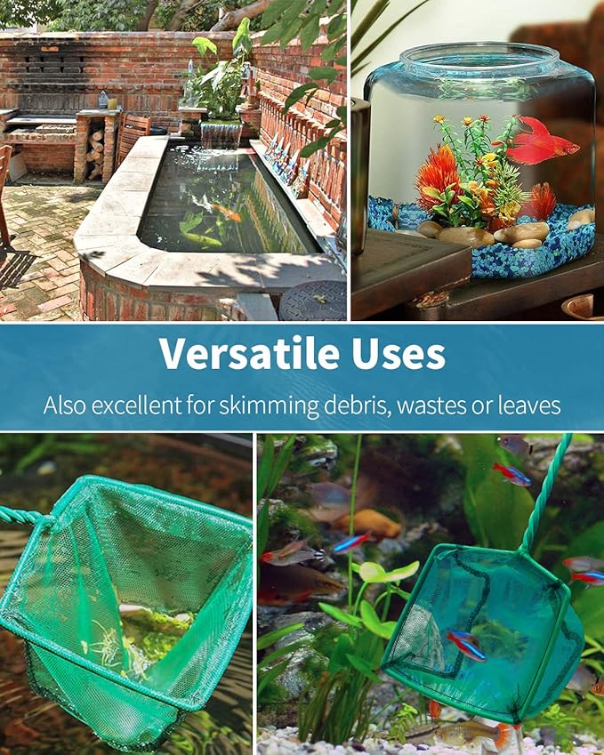 Pawfly Aquarium Fish Net with Braided Metal Handle Square Net with Soft Fine Mesh Sludge Food Residue Wastes Skimming Cleaning Net for Fish Tanks Small Koi Ponds and Pools