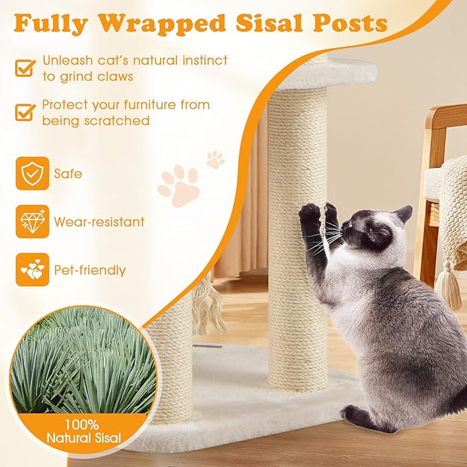 PETSITE 41 Inch Modern Cat Tree for Indoor Cats, Multi-Level Cute Cat Tree with Scratching Posts, Hand-Made Wicker Cat Condo & Top Perch, Dangling Ball, and Sisal Rope, Beige