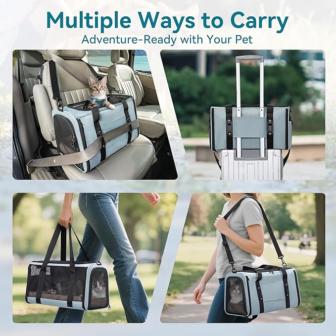 PETSFIT Large Cat Car Carrier with Patented Safety Buckles(19 x 12 x 12) – Roomy Escape-Proof for Safe Driving, Lockable Zippers & Safety Tether, Soft-Sided Travel Carrier for Road Trips & Vet Visits