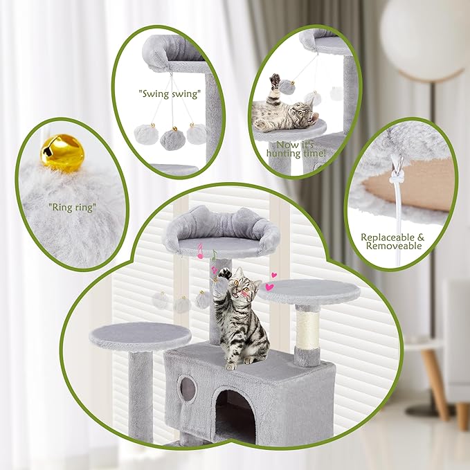 54 Inches Cat Tree Tower Condo Furniture, Cat Tower for Indoor Cats, Cozy Hammock and Sisal Scratching Posts, Multi-Level Durable Cat Scratch Post for Kittens Pet House Play, Detachable Toy, Beige