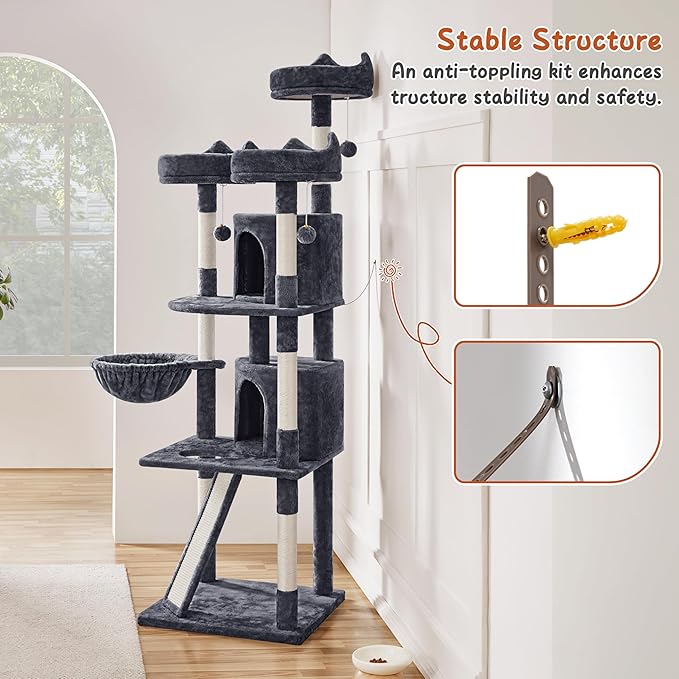 Yaheetech 76in Cat Tree Multi-Level Cat Tower with Large Cat Condo＆Cozy Perches Stable Pet Play House w/Sisal-Covered Scratching Posts＆Board for Indoor Cats, Dark Gray