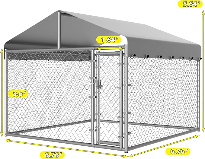 Dog Kennel Outside with Roof, Large Dog Run Enclosure, Outdoor Heavy Duty Pens House Pet Playpen with Galvanized Chain Link Waterproof Cover and Secure Lock(6.76'Lx6.76'Wx5.64'H)