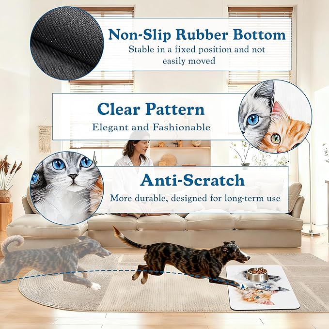 Cute Cats Pet Food Mat for Cats and Dogs–Christmas Stocking Absorbent Quick Dry Feeding Placemat, Non Slip Rubber Base, Waterproof Bowl Mat for Indoor Use, Pet Supplies 12"x20"