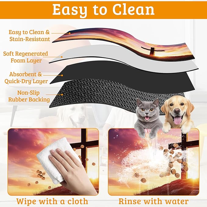 Pet Feeding Mat,Cross Absorbent Dog Cat Food Mat Sunset Dog Mat with Rubber Backing,Non-Slip Water Bowl Placemat,Pet Supplies 16" x 24"