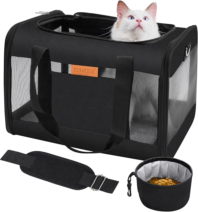 YUNIQUE Soft-Sided Cat & Dog Carrier for Pets Up to 15 Lbs, Airline Approved Collapsible Travel Puppy Carrier with Lightweight Fabric Design (Black)