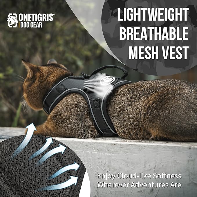 OneTigris Cat Harness and Leash - Escape Proof Soft Adjustable Kitten Harness, Breathable, Comfortable, Durable Water-Resistant Tactical Vest with Reflective Strips and Pocket for Cat Tracker