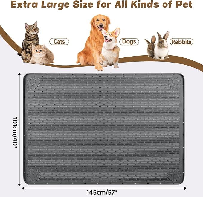 Cat Food Mat, 57" x 40" Extra Large Silicone Pet Feeding Mat with Raised Edge Pet Placemat for Food and Water Bowl Non-Slip, Easy to Clean, Floor Protection (Dark Grey)