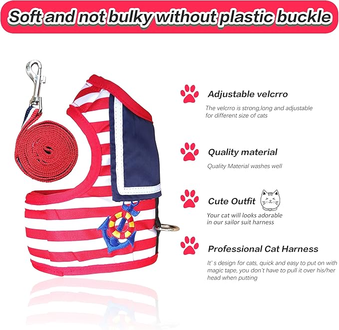Cat Harness and Leash for Walking Escape Proof, Adjustable Cat Vest Harness, Padded Stylish Cat Walking Jackets, Sailor Suit Red, Medium