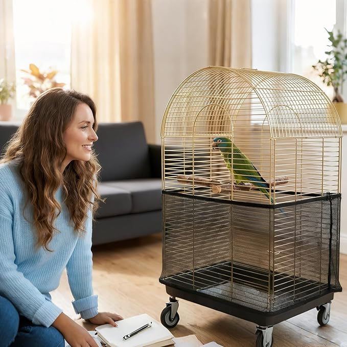 Large Bird Cage Cover, Breathable Nylon Mesh Seed Catcher with Adjustable Elastic Skirt, Black Birdcage Cover for Parrot Parakeet Cockatiel Cages (13.8x78.8-90.6 Inch)