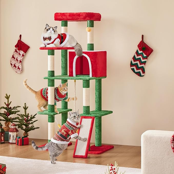 Yaheetech 63in Christmas Cat Tree with Cozy Condo, 7 Scratching Posts, Scratching Ladder, Hammock, Large Cat Tower Holiday Pet Climbing Furniture for Kittens to Play and Sleep