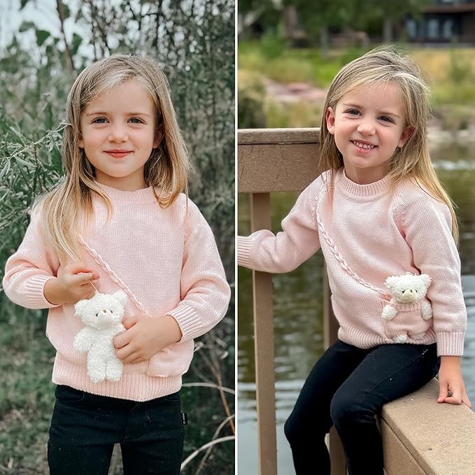 Simplee kids Baby Girl Knit Sweater with Bear in The Pocket Toddler Pullover Sweater Cute Fall Winter Clothes