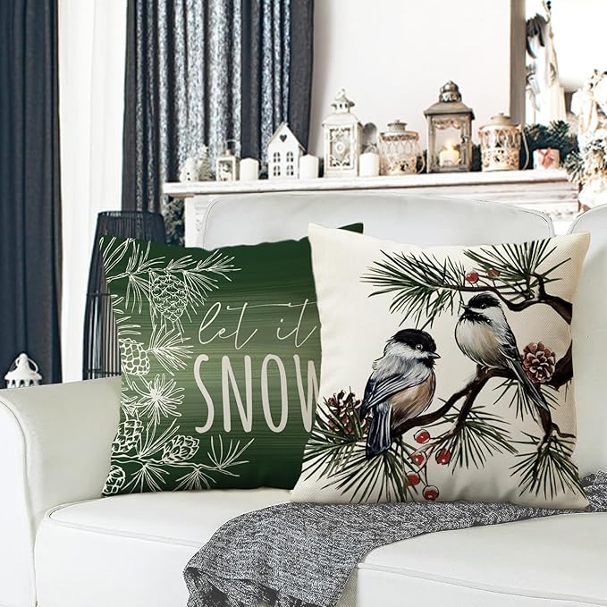 Fahrendom Hello Winter Green Decorative Throw Pillow Covers 18 x 18 Set of 4, Chickadee Pine Needle Branch Porch Patio Outdoor Pillowcase, Christmas Pine Cone Red Berry Sofa Cushion Case Home Decor