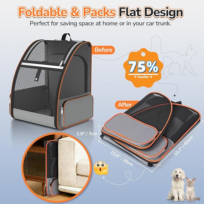 Cat Backpack Carrier Expandable for Outdoor - Foldable Cat Backpack with Breathable Mesh for Small Dog Puppy Kitten Up to 15 lbs - Soft-Sided Pet Carrier for Travel Hiking Camping (Gray)