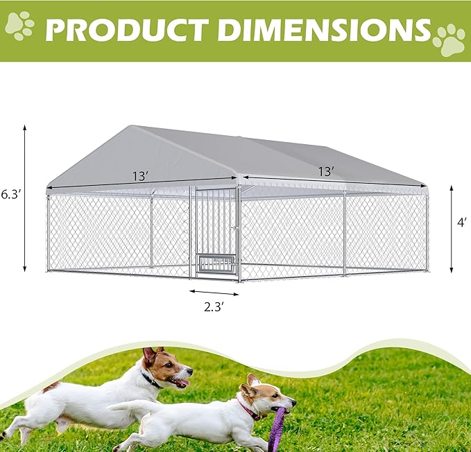 13FT x 13FT Outdoor Dog Kennel with Roof, Outside Dog Run Fence with Rotated Dog Bowls, Large Dog House Pen Enclosure with Secure Lock&Textilene Door