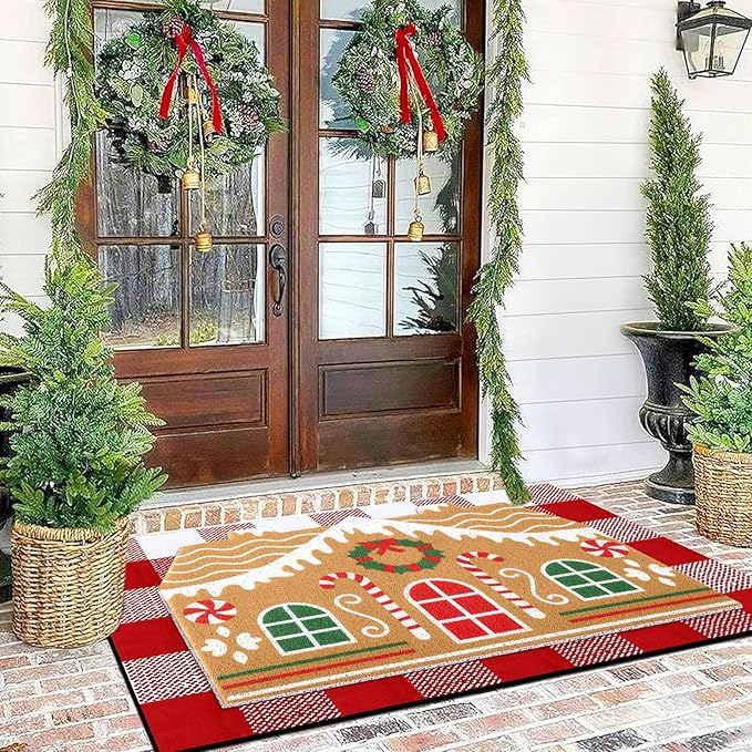 Tinideya 2 Pcs Door Mat Welcome Non Slip Coir Mats Floor Layering Doormats Seasonal for Front Porch Entryway Decor(Gingerbread House)