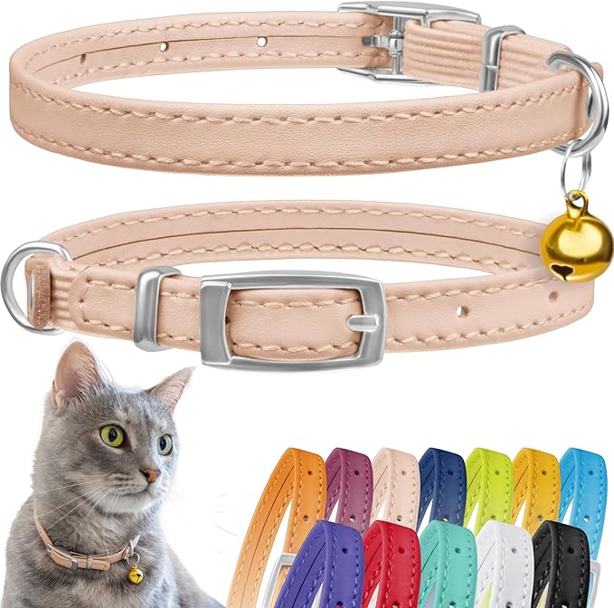 CollarDirect Leather Cat Collar with Bell - Kitten Collar, Small and Big Cat Strap for Boy Cats, Girl Cats with Safety Elastic Strap (Neck Fit 8"-11", Beige)