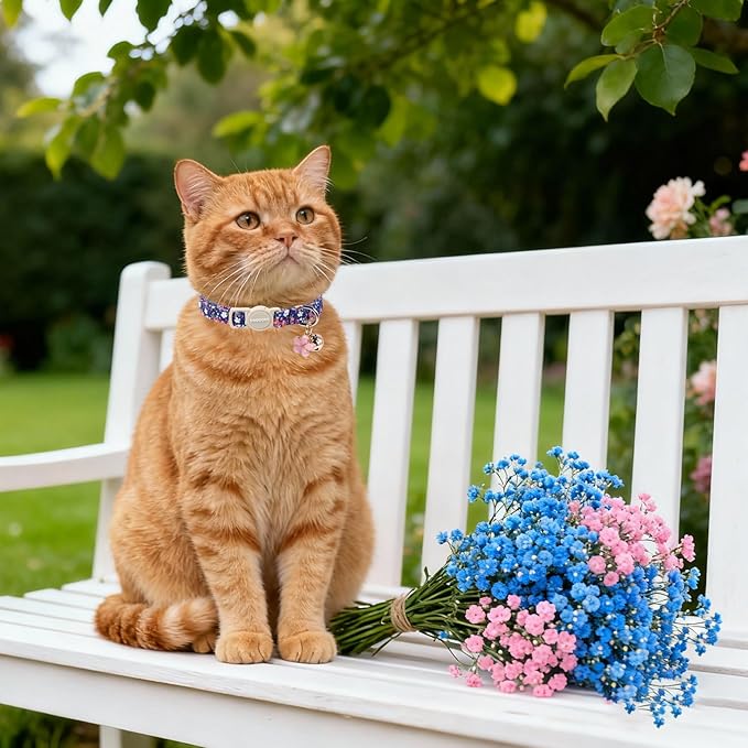 2 Pack Flower Cat Collars Breakaway with Bell, DOGWONG Safety Buckle Blue Plaid Cute Cat Collar for Girl Boy Cats，Adjustable 7-12 Inch