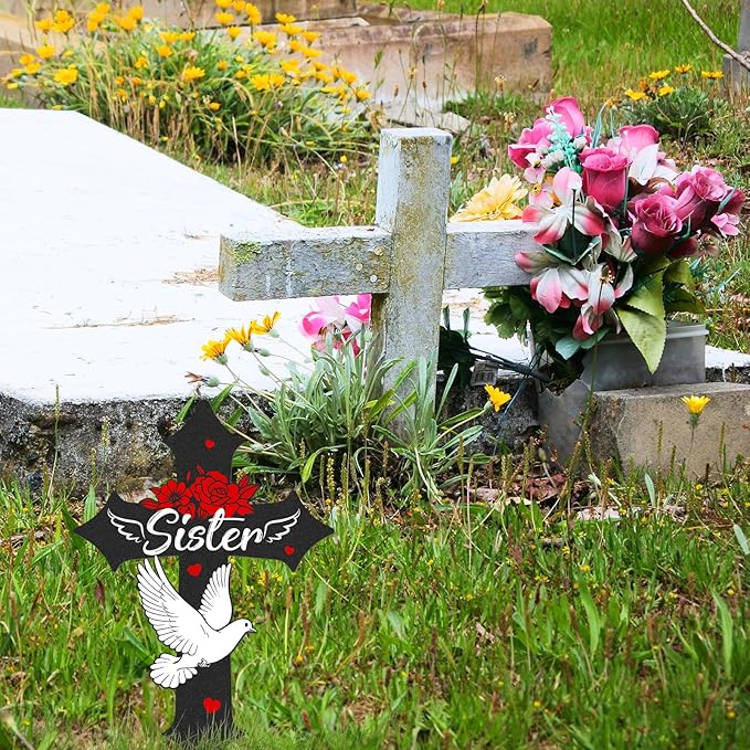 Cross Grave Decorations for Cemetery, Sympathy Memorial Stakes for Loss of Sister, Metal Grave Markers for Cemetery for Sister Outdoors Yard Garden (12 X 7.5 Inches)