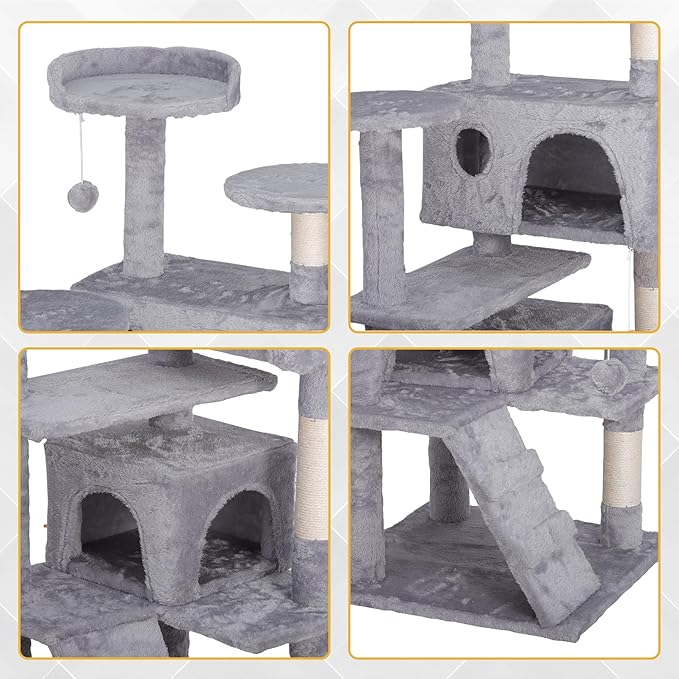 Multi-Level Cat Tree Tower with Condos, 54" Tall Cat Activity Center with Plush Perches and Toys, Space Saving Pet Playhouse for Kittens and Cats (Light Grey)