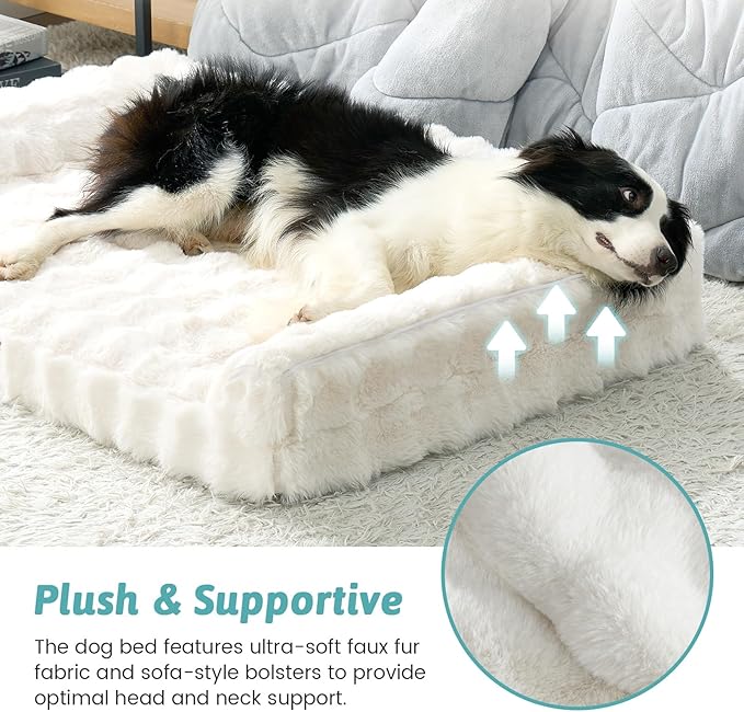 Faux Rabbit Fur Orthopedic Dog Bed, Large Dog Bed, Supportive Foam Pet Sofa with Waterproof Lining Cover, Washable U-Shaped Pet Couch with Anti-Slip Bottom Design, Beige XL 42x30x7 inch