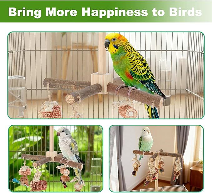 Rotating Bird Perches, Natural Wooden Perch with Chew Toy, Bird Toys for Small & Medium Birds, Large, Natural Wood Color, 1 Set