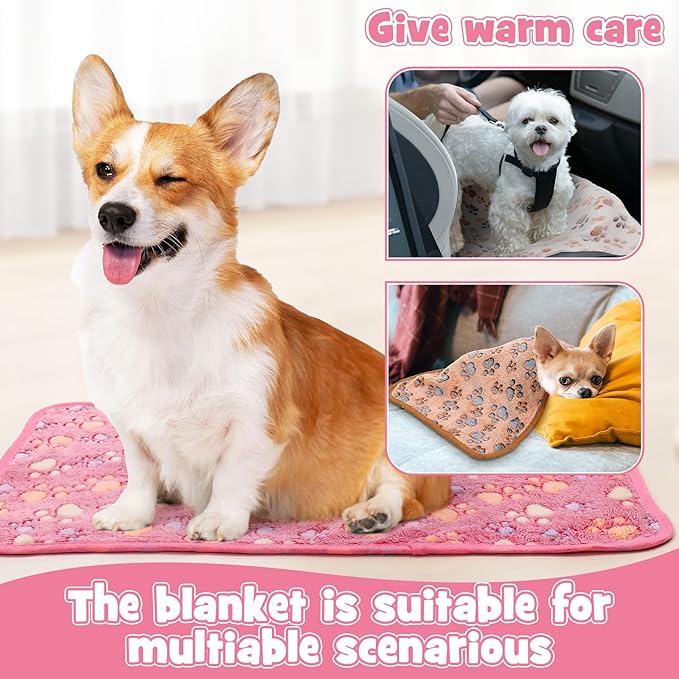 Tegeme 12 Pcs Pet Blankets Soft Fluffy Fleece Dog Cat Warm Paw Print Pattern Blankets Flannel Throw for Pets Dog Puppy Cat(23 x 16 Inch,Pink,Beige,Camel)