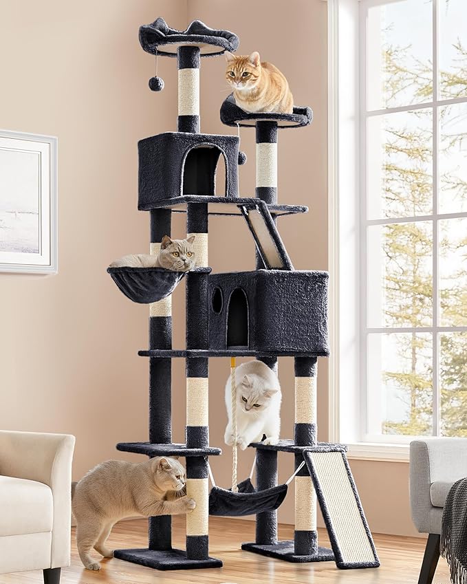 Yaheetech Cat Tree, 82.5in Extra Large Tower w/Cute Perches, Cozy Condo, 8 Scratching Posts, Basket, Multi Level Cat Tree for Indoor Cats, Black