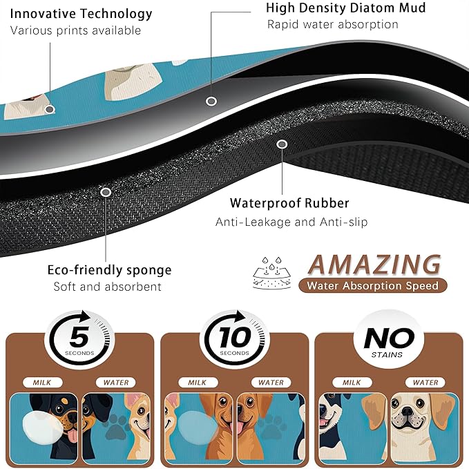 Cute Dog Cat Food Mat,Absorbent Pet Feeding Mat with Rubber Backing,Non-Slip Water Bowl Placemat,Indoor Pet Accessories Supplies 16"x24"