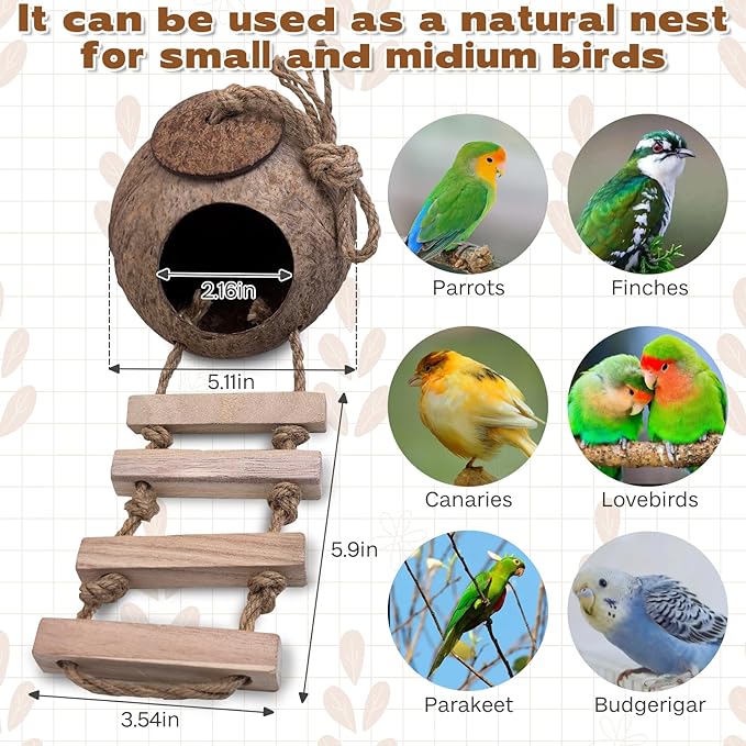 PINVNBY Coconut Bird Nest Hut with Ladder, Coconut Hide Lovebird House Hanging Toy for Budgies Parakeet Cockatiels Conure Canary Finch Pigeon (with Natural Coconut Fiber)