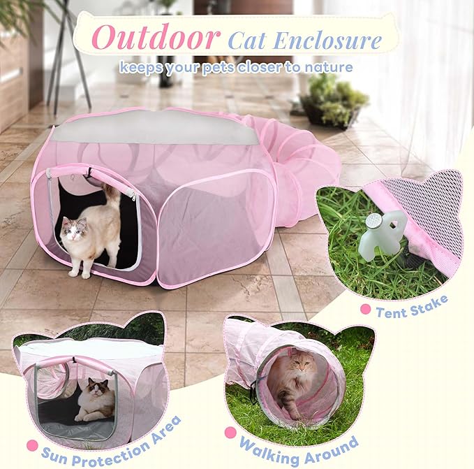 Outdoor Cat Enclosure, Portable Catio Playground for Cat, Outside Pet Enclosure with Mesh Tent, Circle Cat Playpen Tunnel for Indoor Cats & Small Animal, with Storage Bag