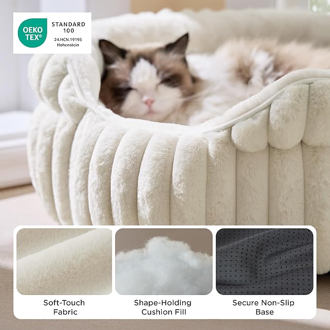 Bedsure ComfyFleece™ Medium Dog Bed, Washable Cute Pet Bed, Super Soft Corduroy Round Cat Bed with Anti-Slip Bottom, 26''x26''x9'', Cream