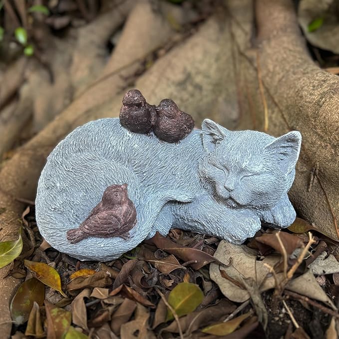 Cat Statue Outdoor Garden Decor - 11.4" Sparrows on Cat Figurine Memorial Grave Markers Garden Resin Sculpture for Outdoor Decoration, Pet Statues Gifts for Loss of Tabby Sympathy 11.4" x 7.1" x 4.6"