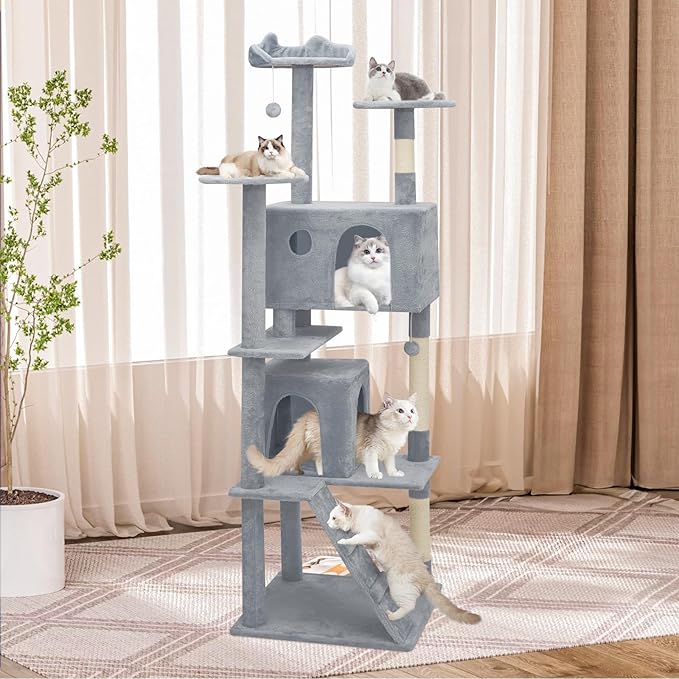Athena Collection Cat Tree, 77 Inch Cat Tower for Indoor Cats, Multi-Level Cat Tree Tower Activity Center with 2 Cat Condo & Cat Scratching Post & Dangling Ball, Tall Cat Tree, Light Gray