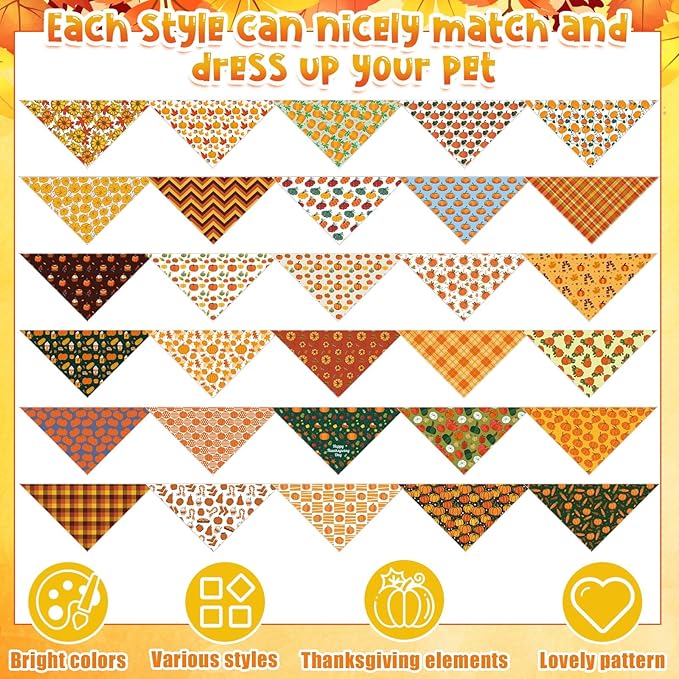 Sanwuta 120 Pcs Thanksgiving Fall Bandanas for Dogs Bulk Pumpkin Maple Leaf Triangle Dog Bandana Autumn Washable Pet Scarves Adjustable Bibs for Small and Medium Pets, 30 Styles