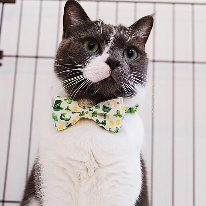 2 Pack St. Patrick's Day Irish Cat Collar with Bow Tie, Holiday Shamrock Clover Collar for Boys and Girls Male Female Kitty Kittens