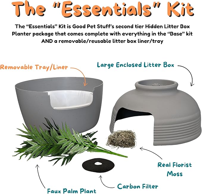 Good Pet Stuff Hidden Litter Box Planter, Decorative Cat Litter Enclosure with Carbon Filter, Artificial Plant, Easy Clean, Indoor Design, Original Round Style, Essentials Kit, Stone Gray