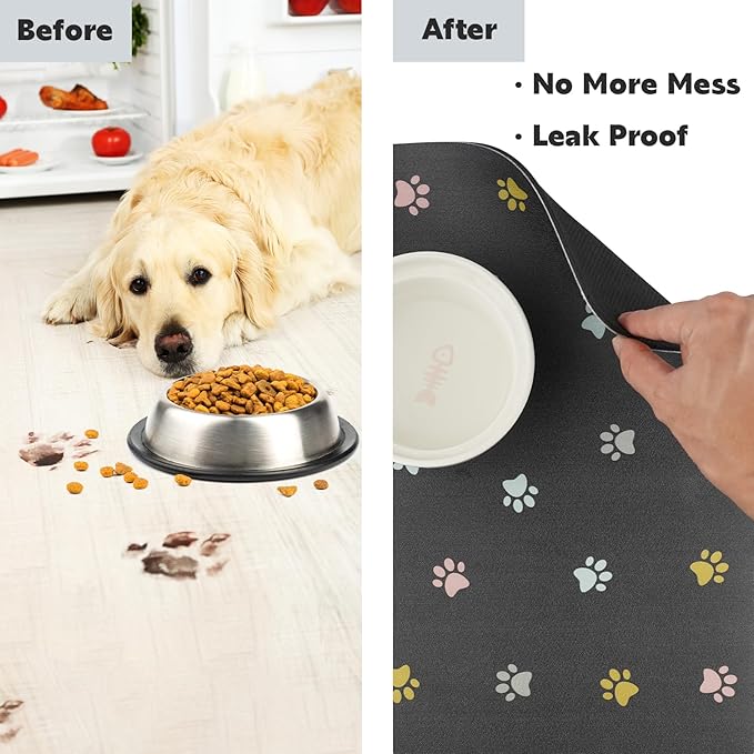 Pet Feeding Mat Absorbent Dog Mat for Food and Water Non Slip Quick Dry Dog Bowl Mats for Floors 27" X 17" Paw Light Gray