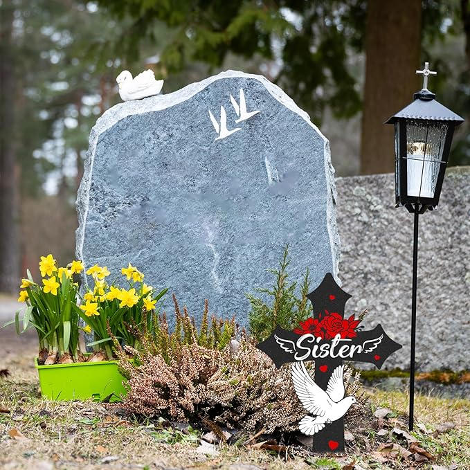 Cross Grave Decorations for Cemetery, Sympathy Memorial Stakes for Loss of Sister, Metal Grave Markers for Cemetery for Sister Outdoors Yard Garden (12 X 7.5 Inches)