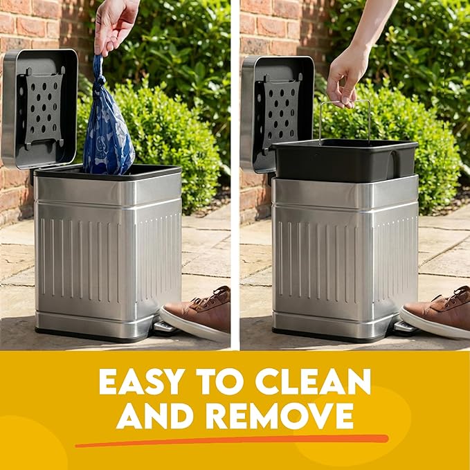 Small Dog Poop Trash Can Outside, 1.3 Gal Stainless Steel Dog Waste Trash Can, Waterproof Small Poop Bucket Outdoor with Lid, Poop Pail for Dogs, Dog Poop Bin Outdoor with Odor Control (Steel)