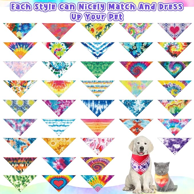 Amylove 120 Pcs St. Patrick's Day Dog Bandanas Bulk Holiday Triangle Dog Pack Puppy Kerchief Bandana Adjustable Spring Pet Scarf for Pet Cat Costume Accessories Decor(Tie Dye)