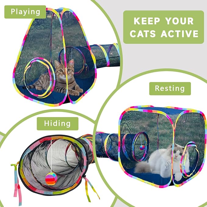 Outdoor Cat Enclosures, Cat Tunnels Tents Cubes for Indoor Cats with Play Ball, Collapsible Outside Playpen Tunnel for Kitty, Rabbit, Puppy and Small Animals